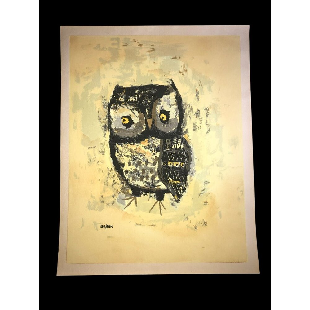 Margaret Layton, Mid Century Print of an Owl Yellow Toned Print of an Owl- Mid 2